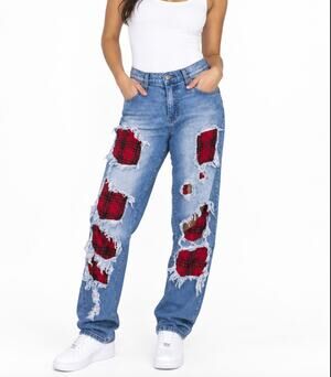 Vibrant MIU Distressed Buffalo Plaid Patchwork Straight Leg Jeans 29"
